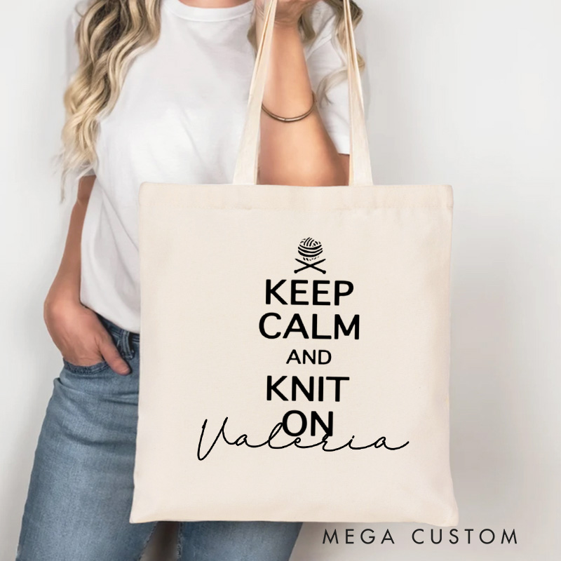 Personalized Keep Calm And Knit On Tote Bag Knitter Bag with Name Yarn Lover Bag for Knitting Lover Gift for Knitter