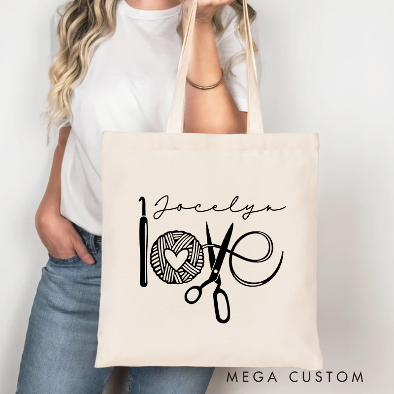 Personalized Crochet Love Tote Bag Knitter Canvas Bag with Name Yarn Lover Bag for Knitting Lover Gift Crocheting Lover Gift