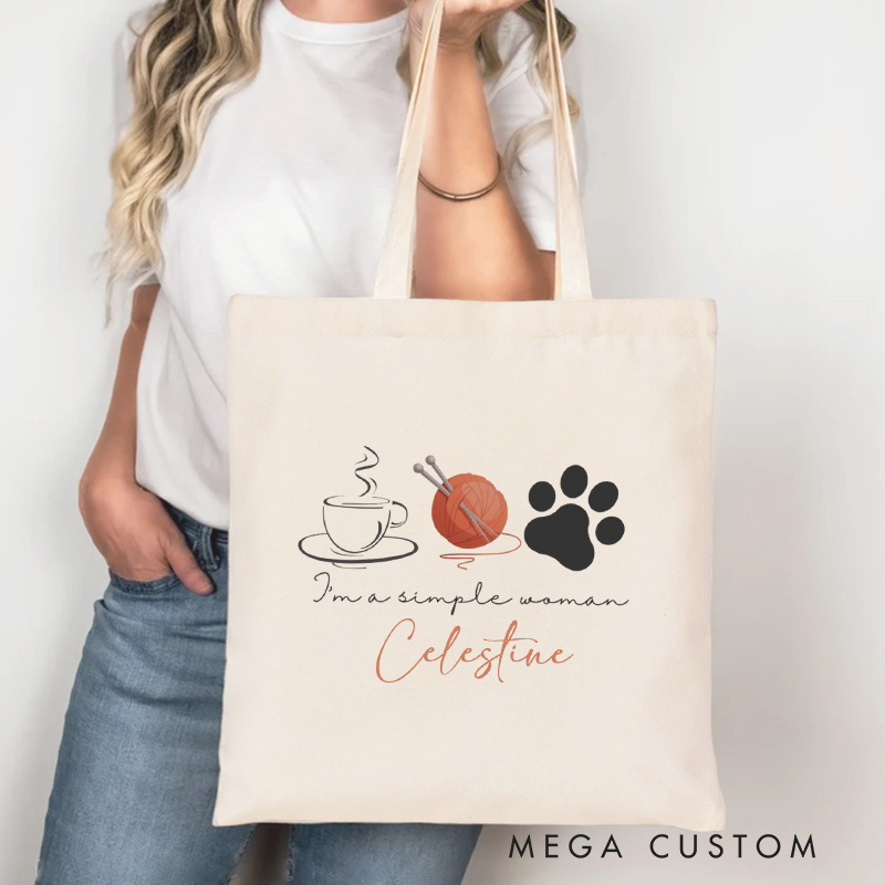 Personalized I'm A Simple Women Tote Bag Coffee Yarn Dogs Bag Canvas Crocheter Bag with Name Yarn Lover Gift Knitting Gift Crocheting Gift