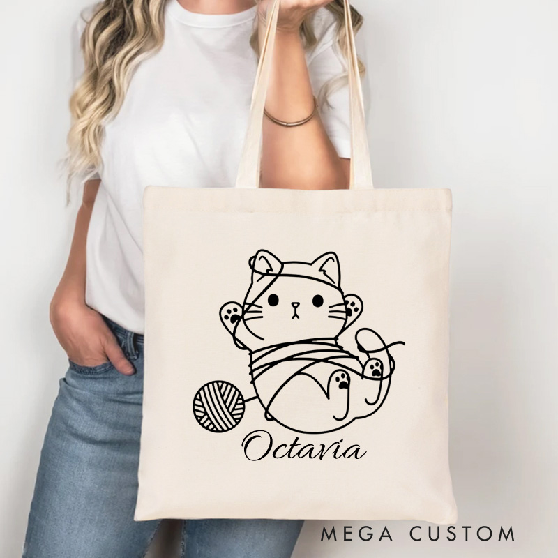 Personalized Cat Knitting Tote Bag Canvas Yarning Bag Crochet Lover Bag with Name Yarn Lover Gift Knitting Gift Crocheting Gift