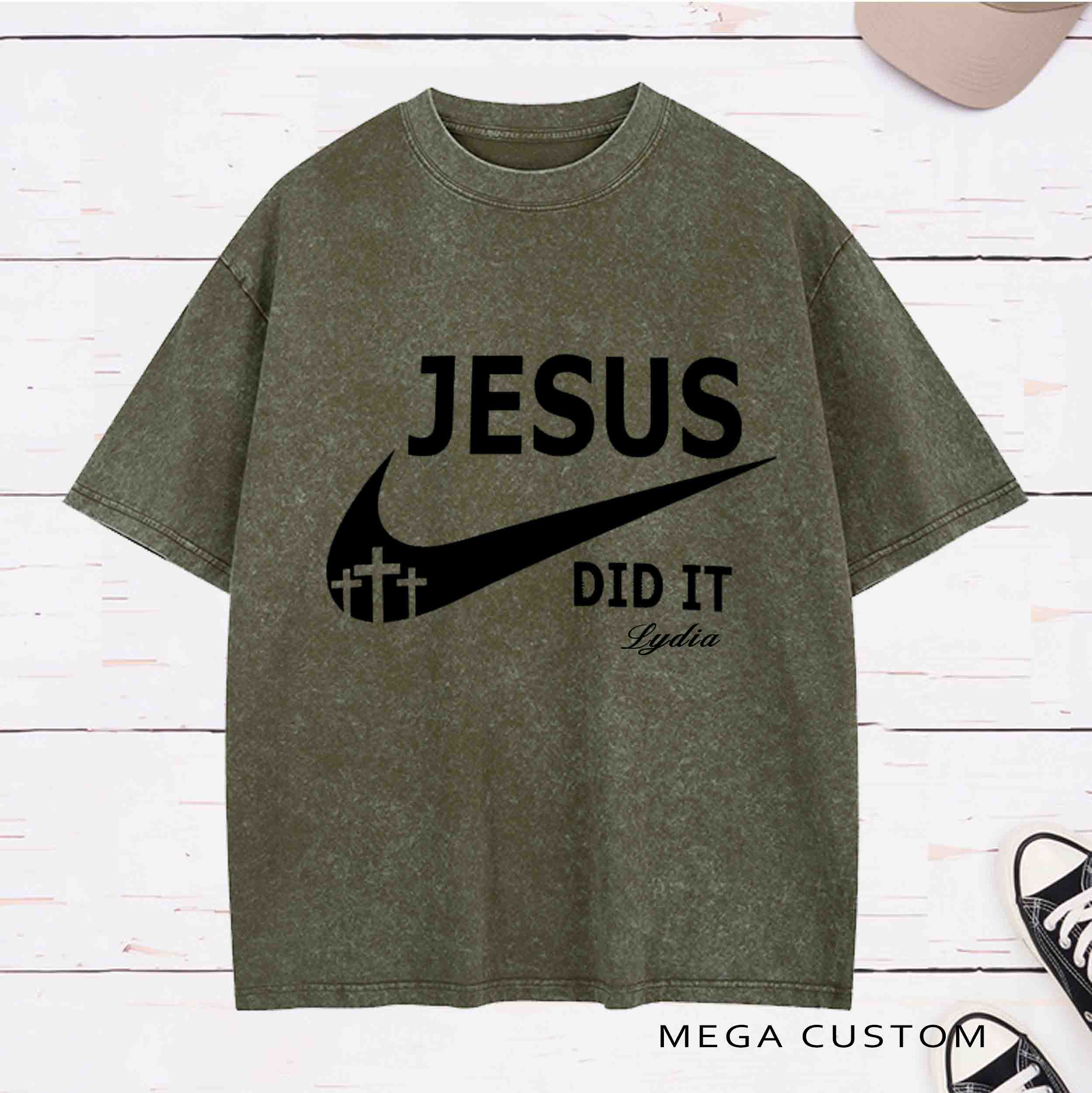 Personlized Character Bible Verse Jesus Did It and Christian Cross Printed Washed T-Shirt with Name Birthday Baptism Gift for Christian   