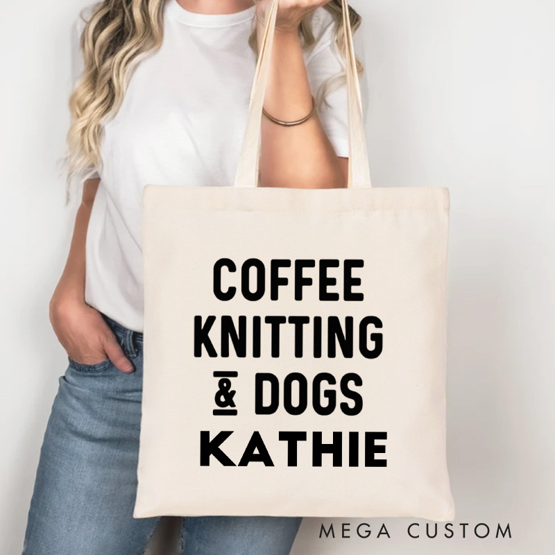 Personalized Coffee Knitting Dogs Tote Bag Knitting Lover Bag Canvas Bag with Name Yarning Bag for Knitting Lover Gift