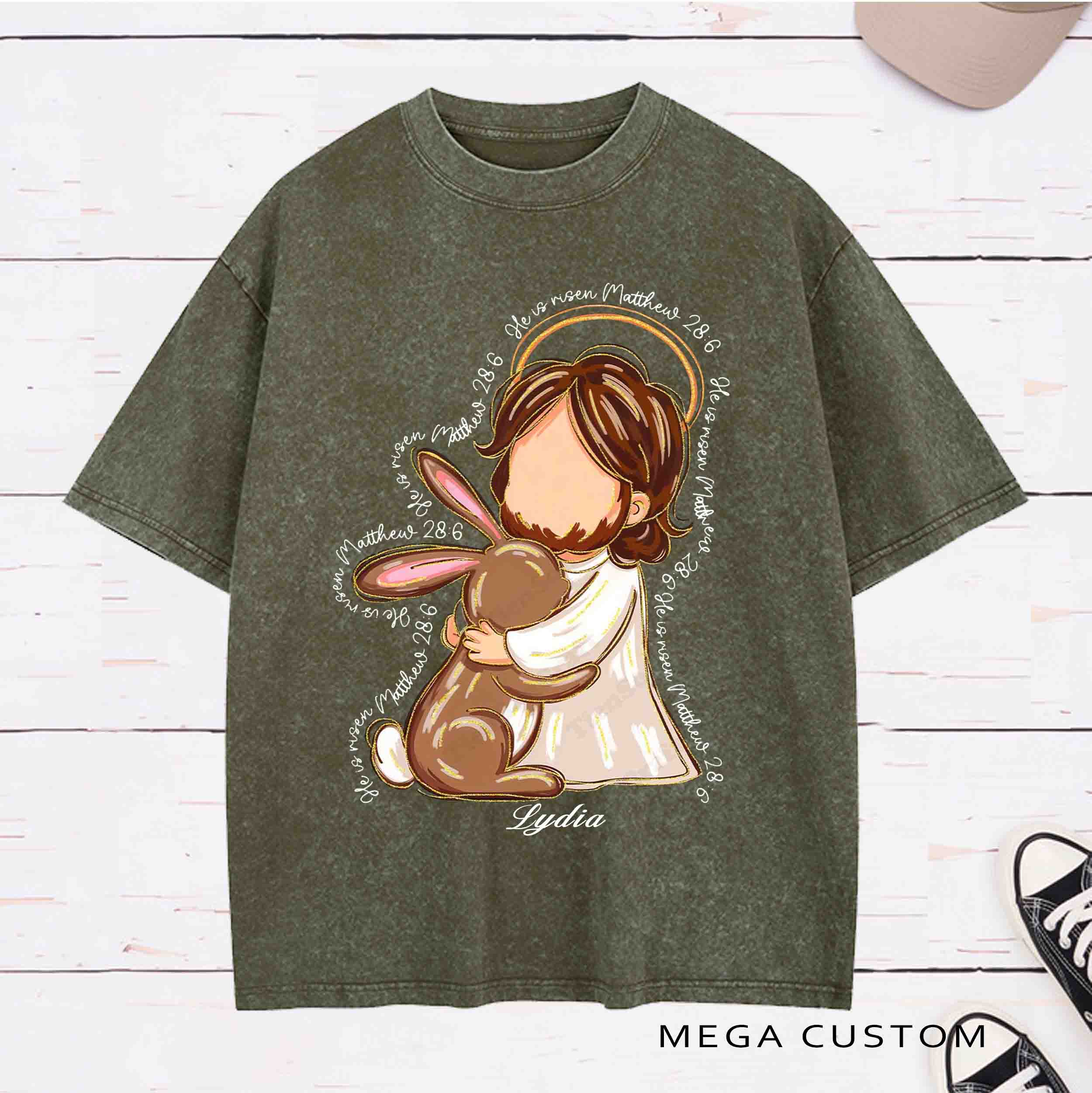 Personalized Character He Is Risen Washed T-Shirt with Name Birthday Easter Gift for Christian
