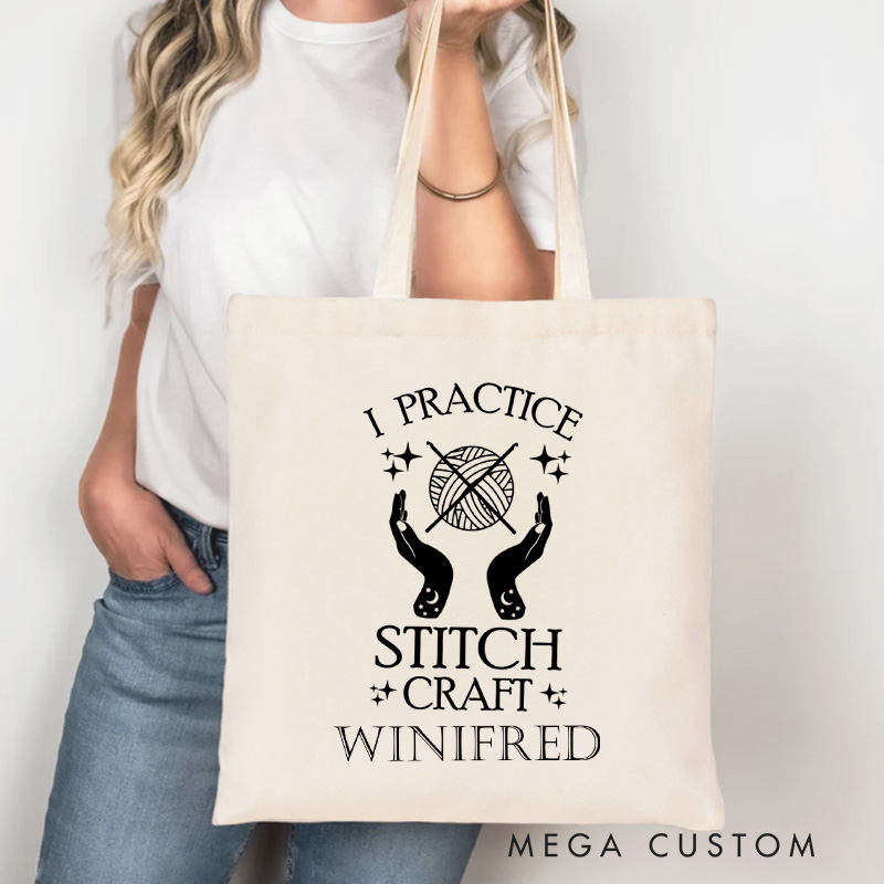 Personalized I Practice Stitch Craft Tote Bag Yarning Canvas Bag Crochet Lover Bag with Name Yarn Lover Gift Knitting Gift Crocheting Gift