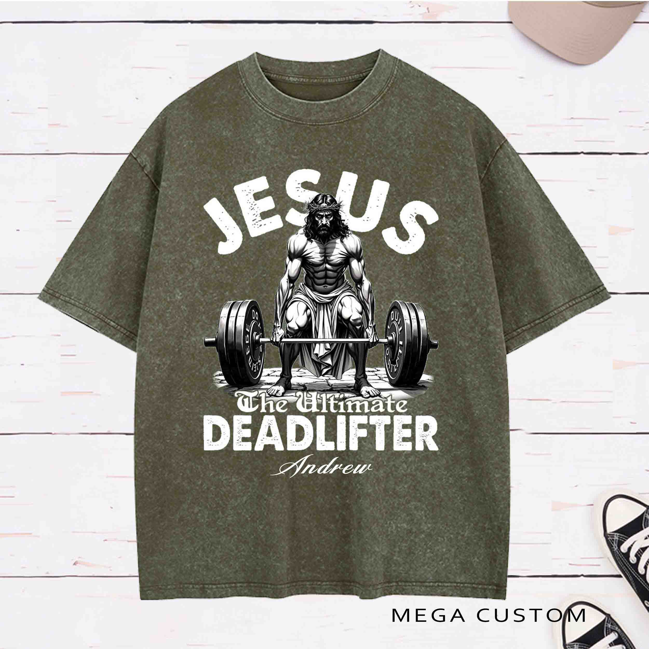 Personalized Character Jesus The Ultimate Deadlifter Washed T-Shirt with Name Birthday Easter Gift for Christian