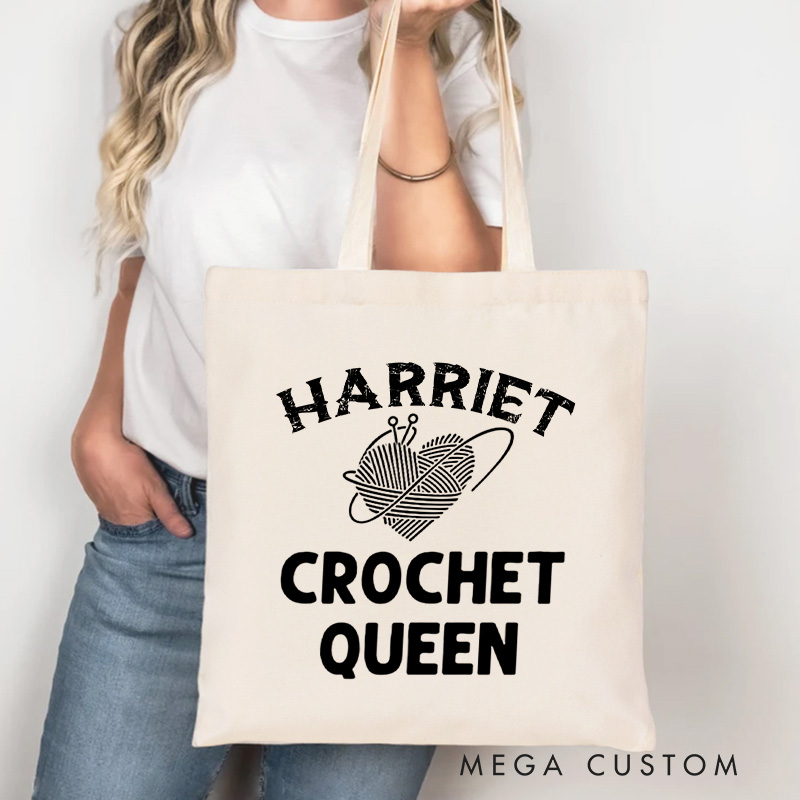 Personalized Crochet Queen Tote Bag Yarning Canvas Bag Custom Crochet Lover Bag with Name Yarn Lover Gift Crocheting Gift