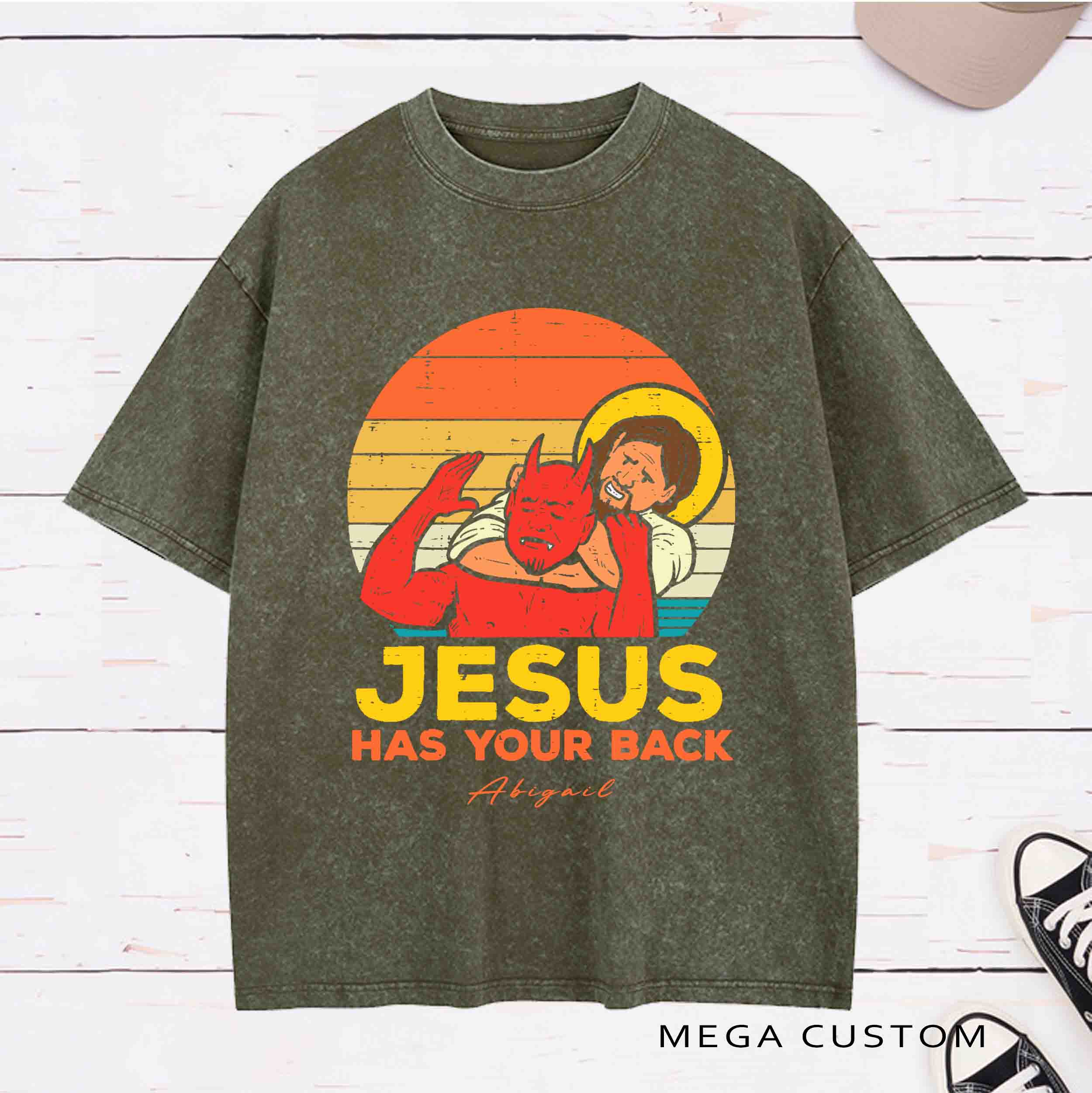 Personalized Character Jesus Has Your Back Washed T-Shirt with Name Birthday Easter Gift for Christian