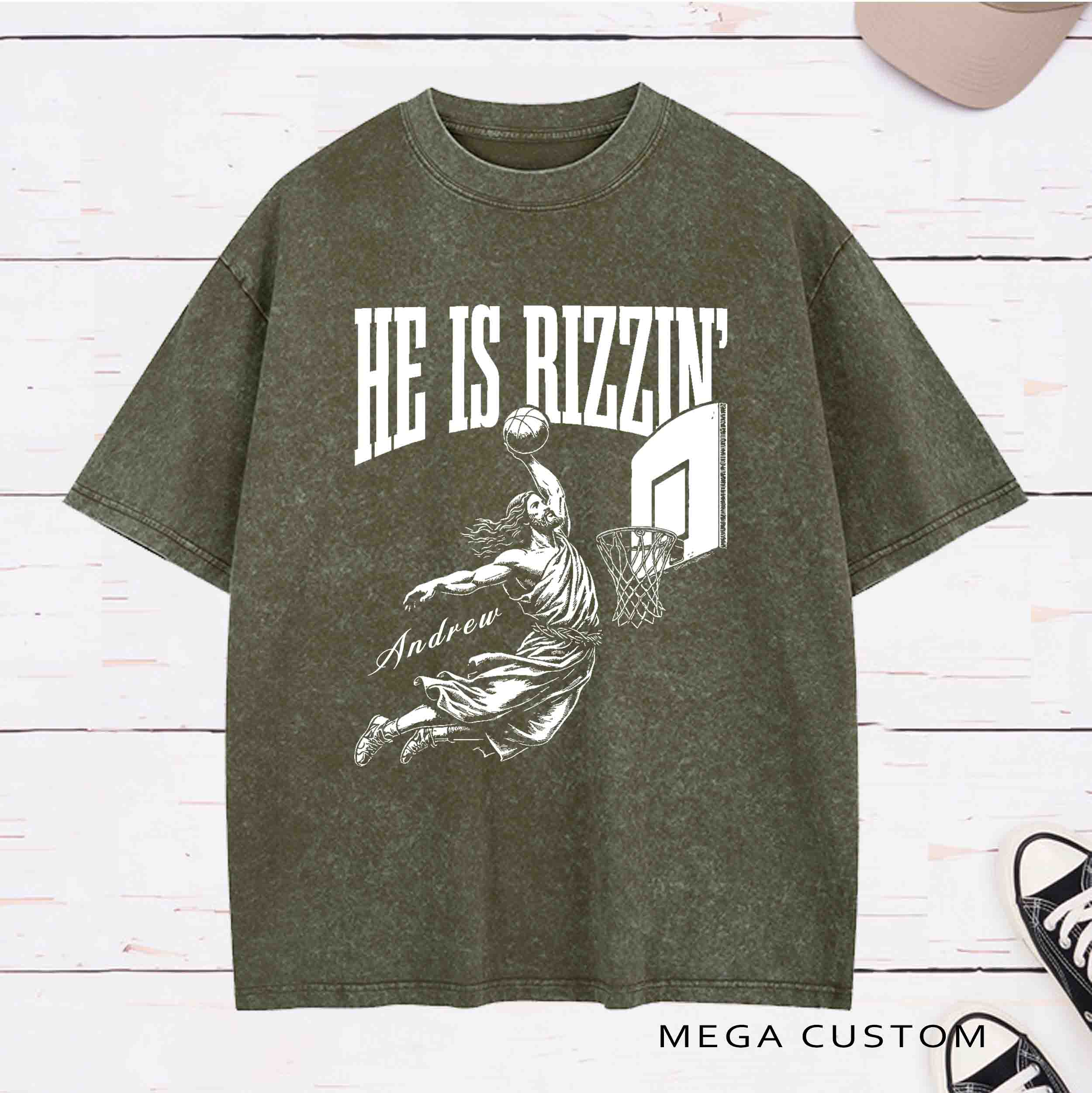 Personalized Character He Is Rizzin Washed T-Shirt with Name Birthday Easter Gift for Christian