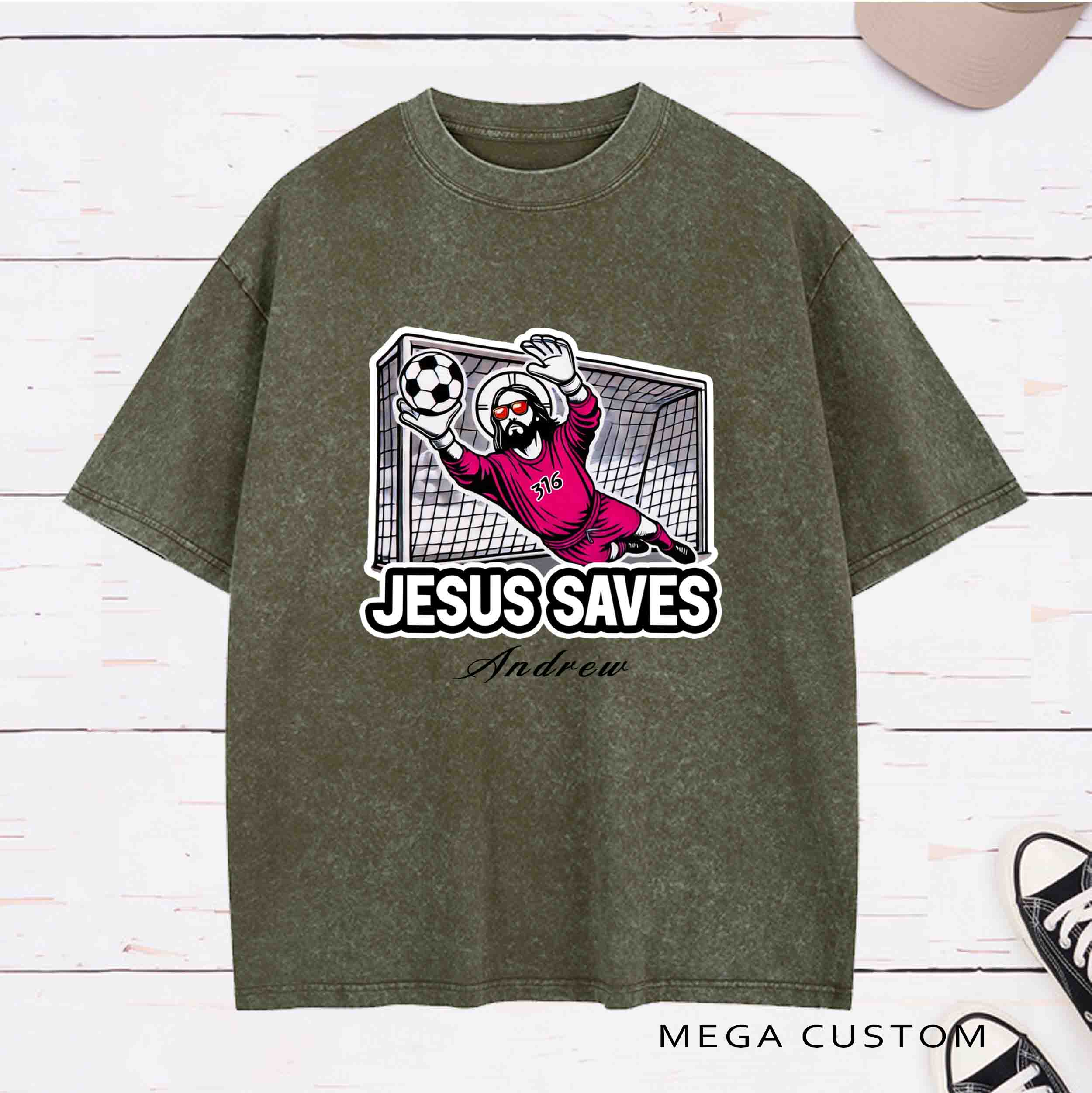 Personalized Character Jesus Saves Washed T-Shirt with Name Birthday Easter Gift for Christian