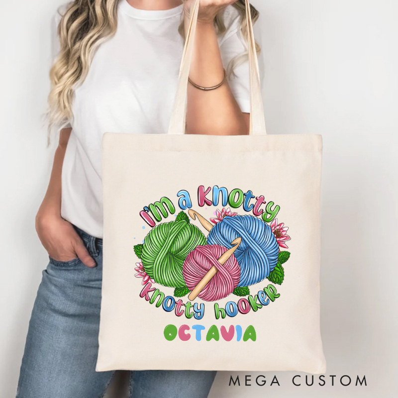Personalized I’m A Knotty Hooker Crochet Tote Bag Canvas Crochet Lover Bag Yarn Lover Gift Knitting Lover Gift Crocheting Lover Gift