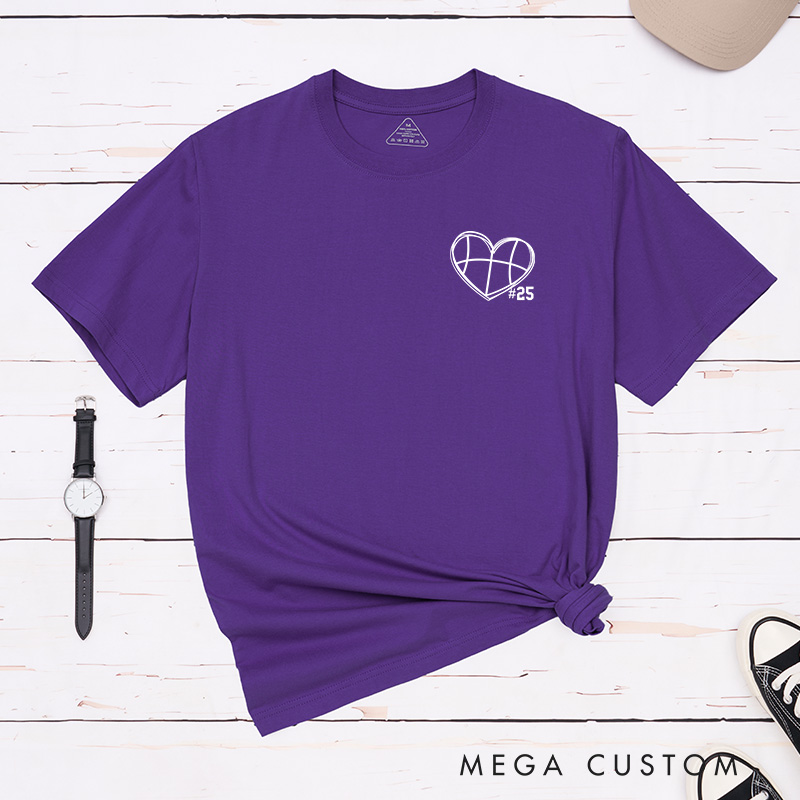 Personalized Basketball Heart T-Shirt with Custom Jersey Number Design