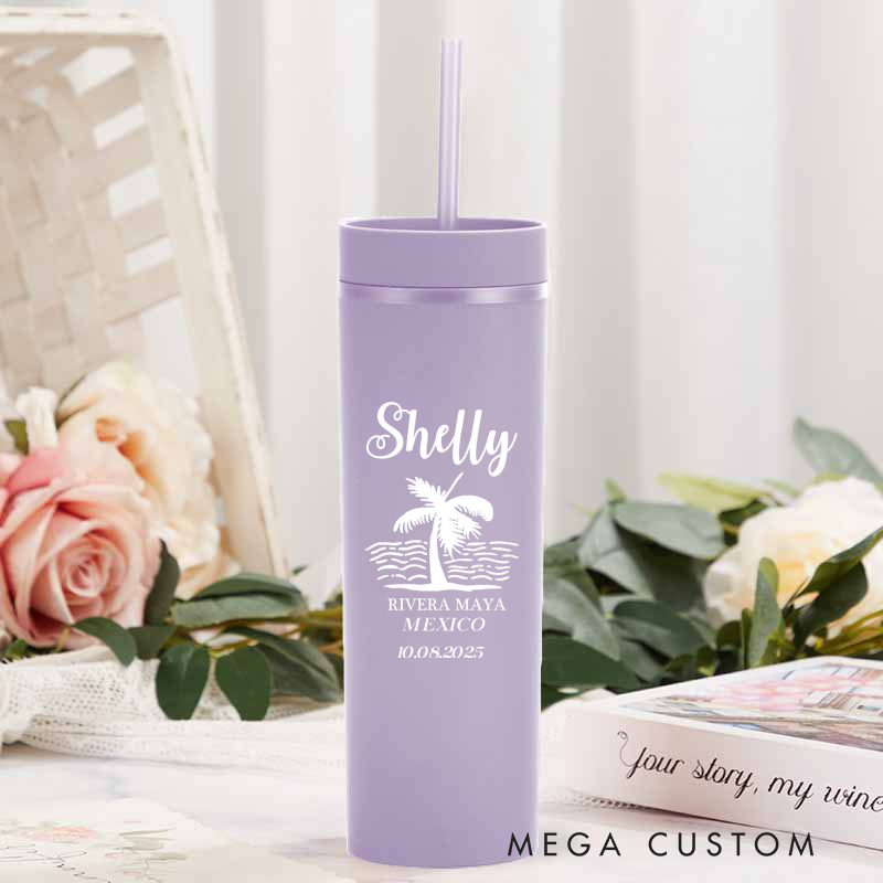 Personalized Beach Vacation Skinny Tumbler Cups for Traveling Lovers Palm Tree Tumbler Gift for Travelers