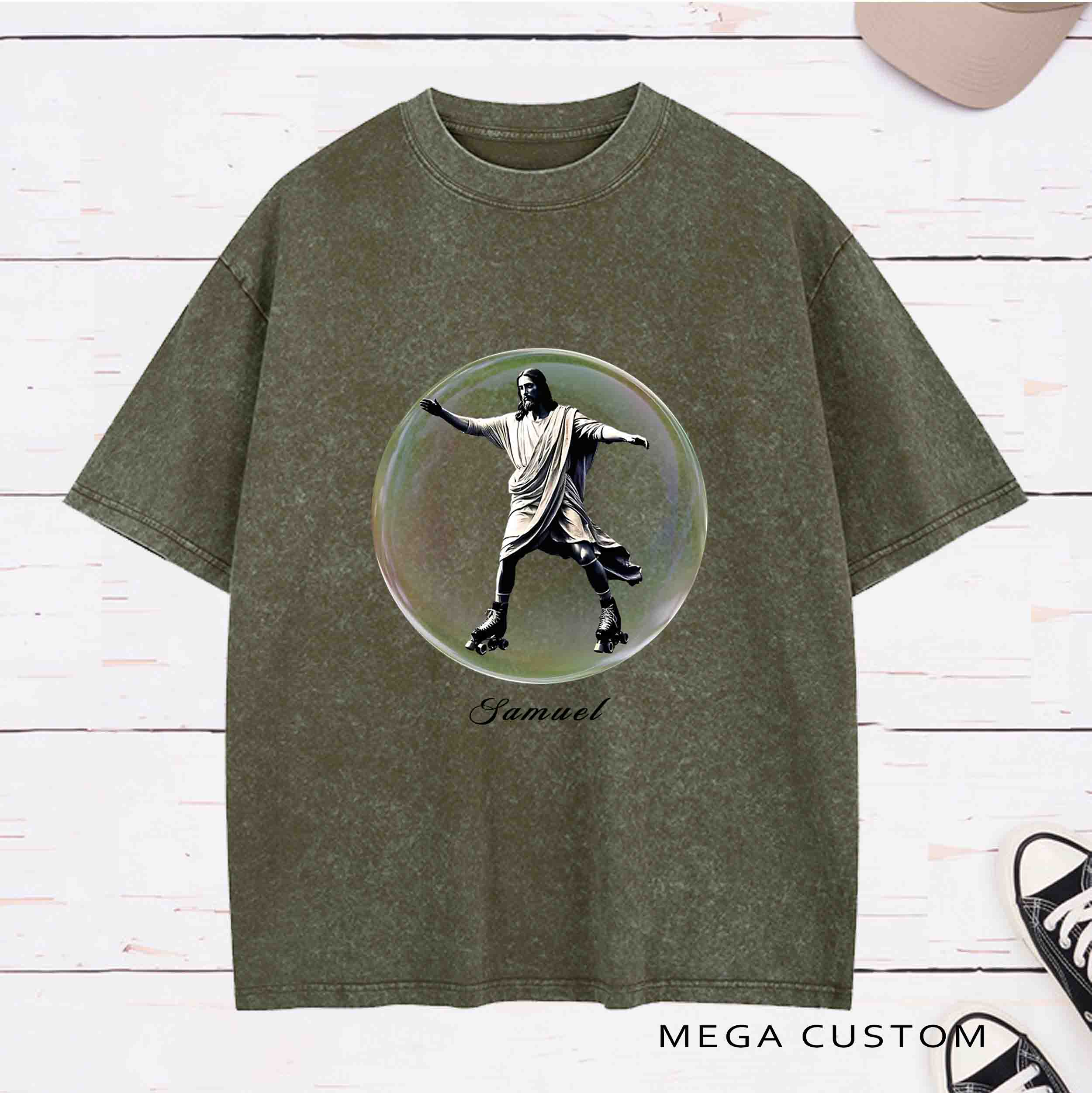 Personalized Character Jesus learning to rollerskate Washed T-Shirt with Name Birthday Easter Gift for Christian