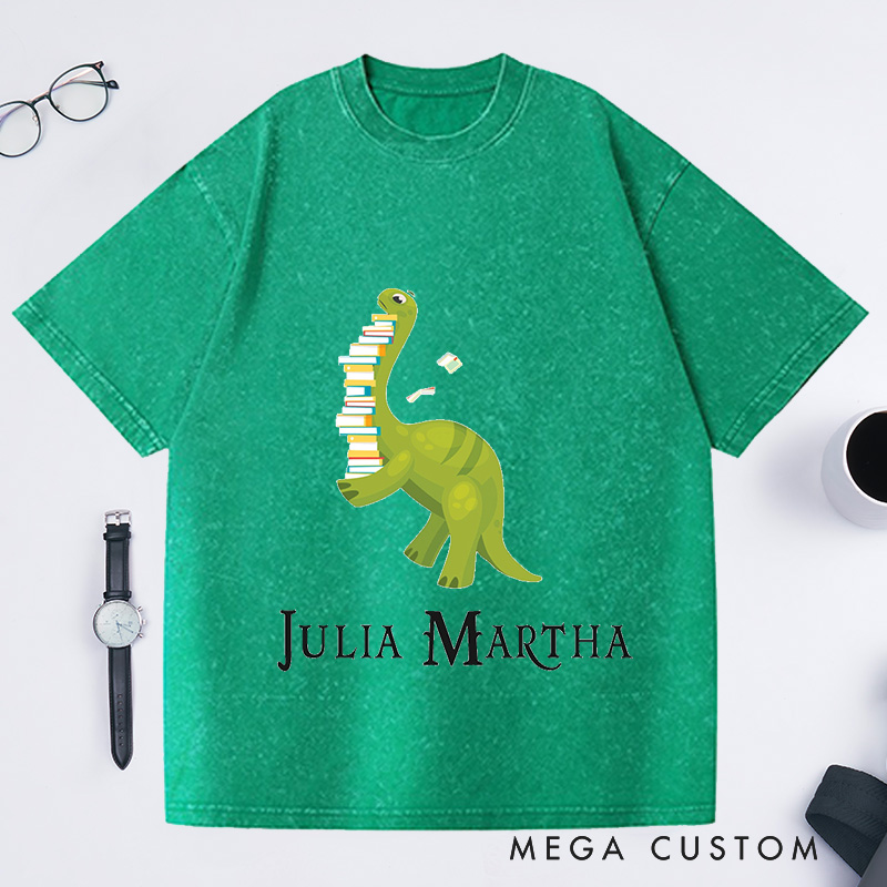 Personalized Dinosaur Reading Washed T-Shirts Book Lover Shirt Read T-Shirts Librarian Shirt Reader Reading Gift