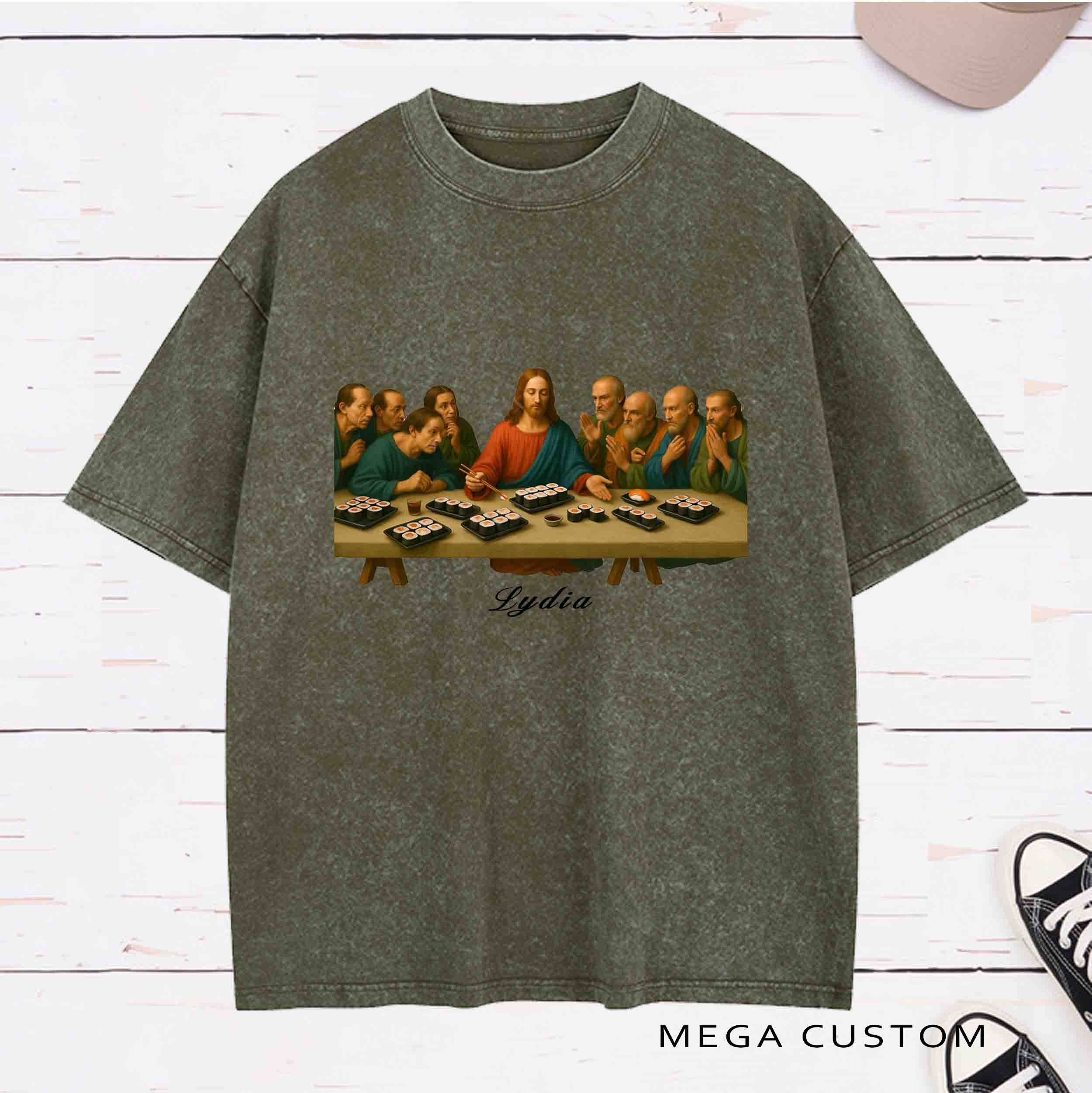Personalized Character The Last Sushi Supper Washed T-Shirt with Name Birthday Easter Gift for Christian
