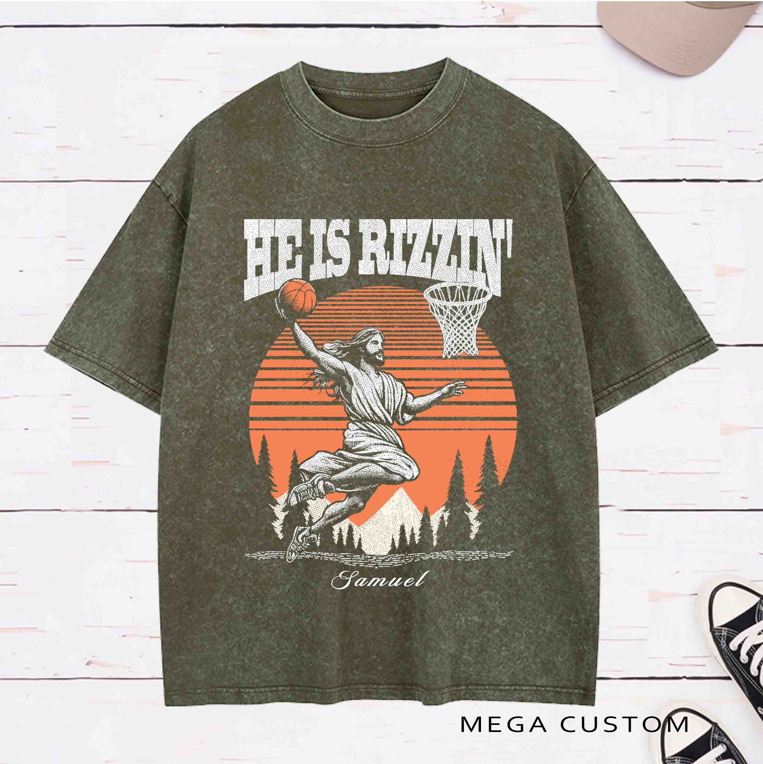 Personalized Character He Is Rizzen Jesus basketball Washed T-Shirt  with Name Birthday Easter Gift for Christian 