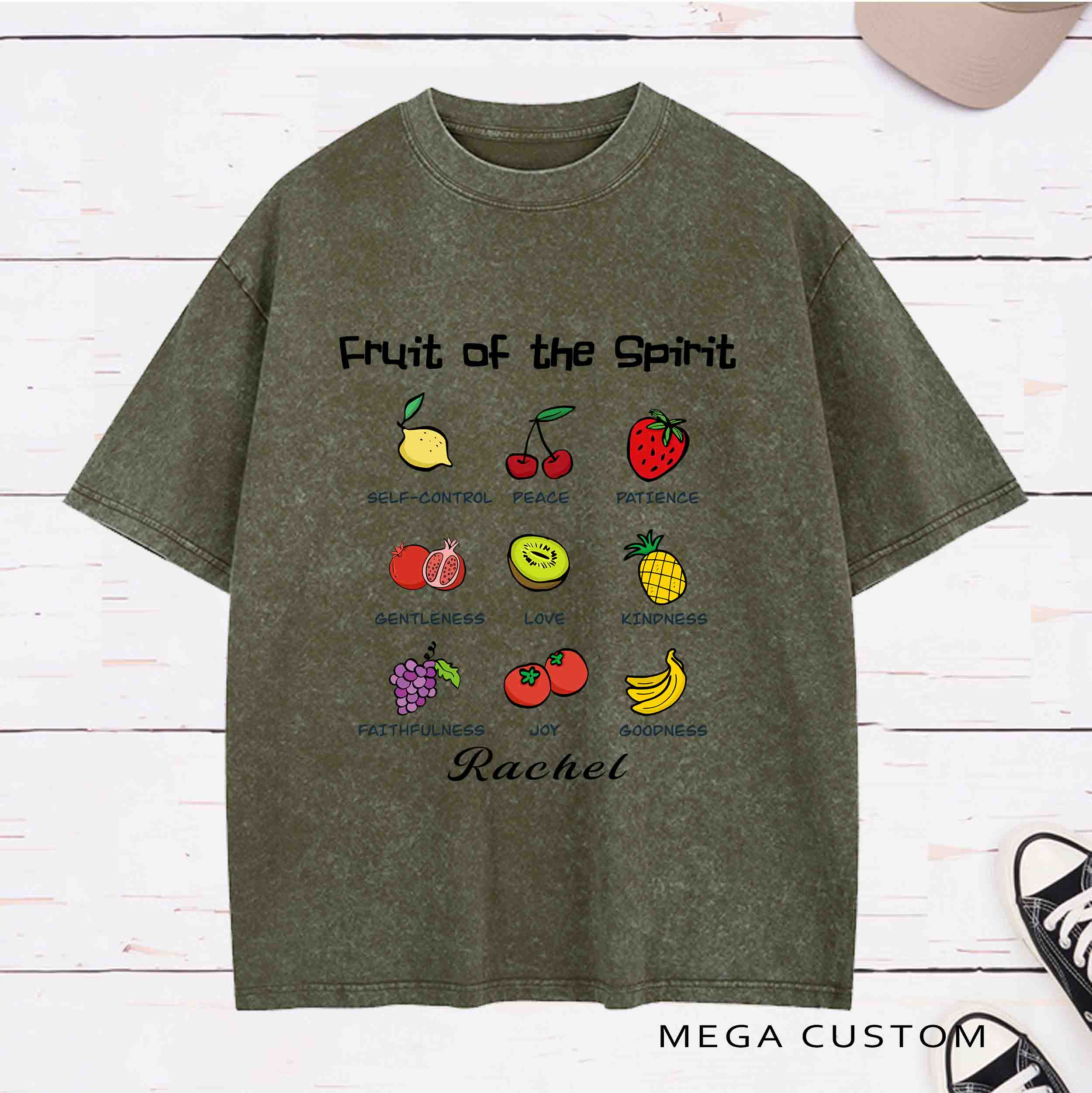 Personalized Character Fruit of the Spirit Washed T-Shirt with Name Birthday Easter Gift for Christian