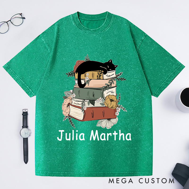 Personalized Books and Cats Washed T-Shirts Reading Shirt Cat Lover T-Shirt