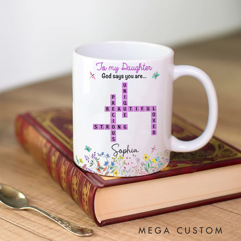 Personalized God Says You Are Crossword Art Ceramic Mug with Name Birthday Gift for Christian Positive Affirmation Religious Gift for Christian