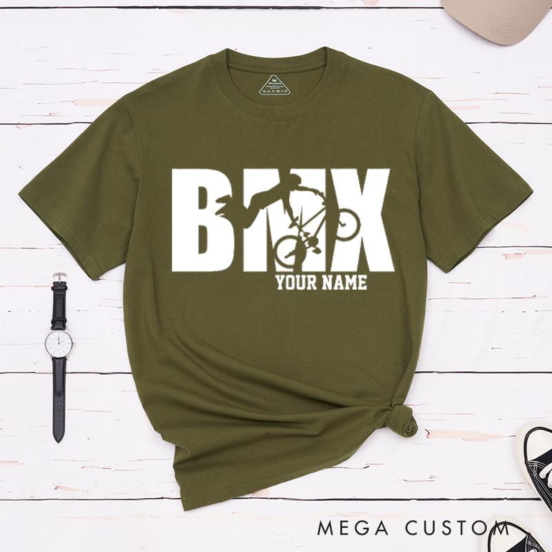 Personalized BMX T-Shirt with a Rider Performing an Awesome Stunt for Outdoor Adventures Riding Cycling Biking Enthusiasts