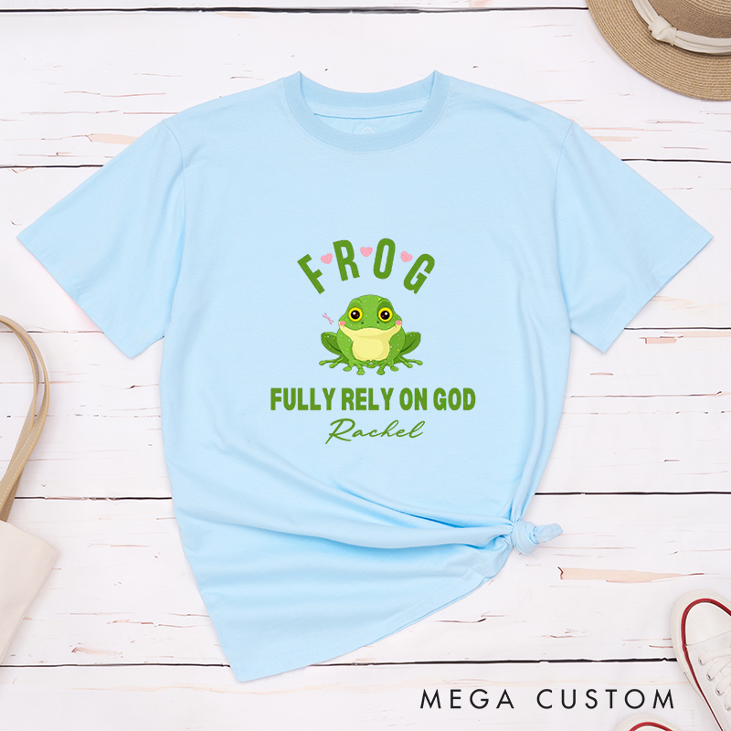 Personalized Frog Religious Fully Rely On God T-Shirt with Custom Name Christians Gift Birthday Gift Christian Apparel Gift for Jesus Lover 