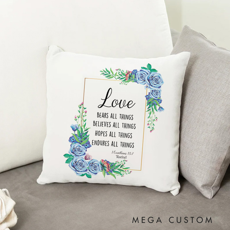 Personalized Love Bears All Things Bible Verse Throw Pillow with Name Birthday Gift for Family Religious Gift for Christian