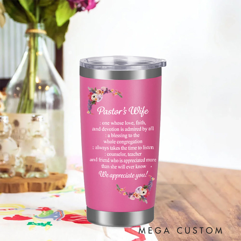 Personalized Pastor's Wife We Appreciate You Bible Verse 20oz Tumbler with Name Stainless Steel Insulated Travel Mug Christian Gift 