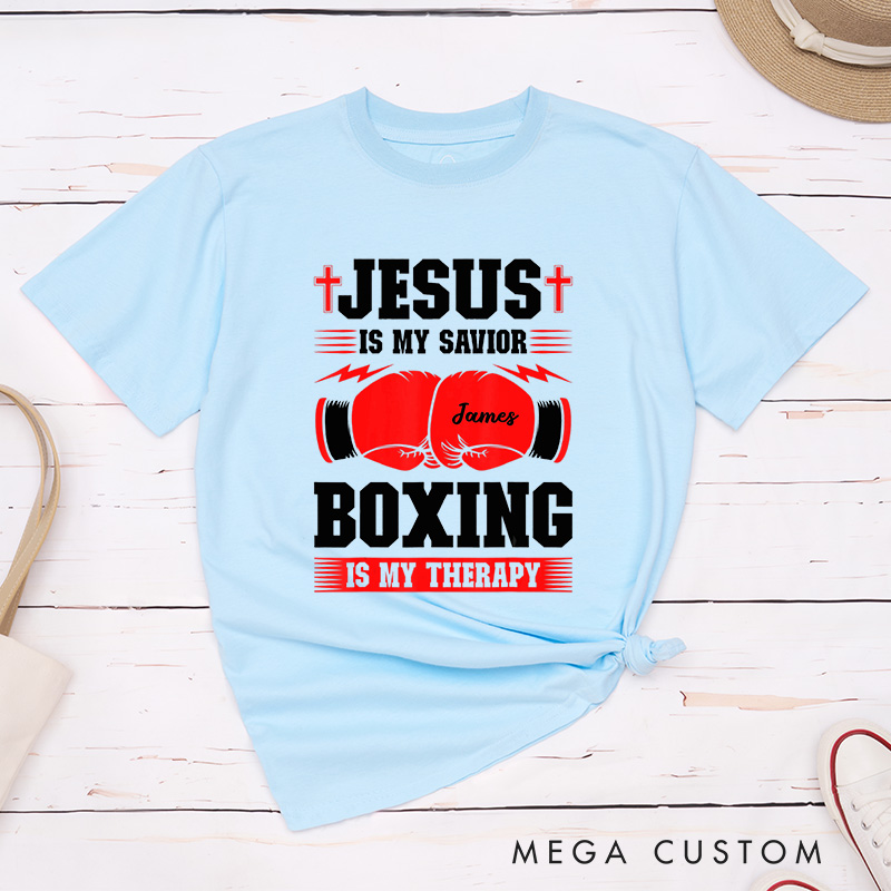 Personalized Jesus Is My Savior Boxing Is My Therapy Classic T-Shirt with Custom Name Inspirational Shirt Religious Birthday Gift for Christians