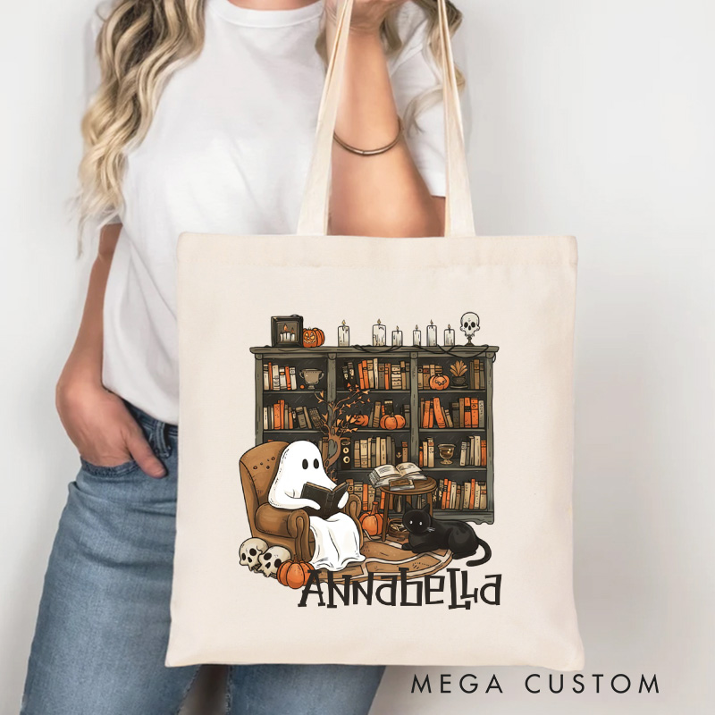 Personalized Retro Ghost Reading Books Tote Bag Book Lover Bag with Name Halloween Canvas Bag Halloween Gifts Librarian Gift Book Lover Gift
