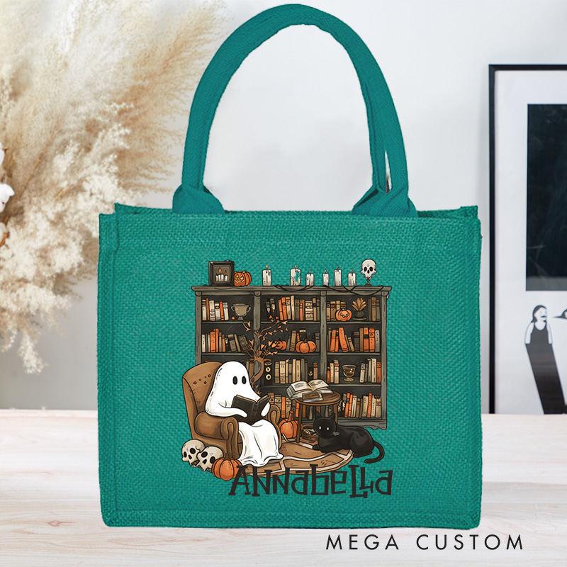 Personalized Retro Ghost Reading Books Tote Bag Book Lover Bag with Name Halloween Burlap Bag Halloween Gifts Librarian Gift Book Lover Gift