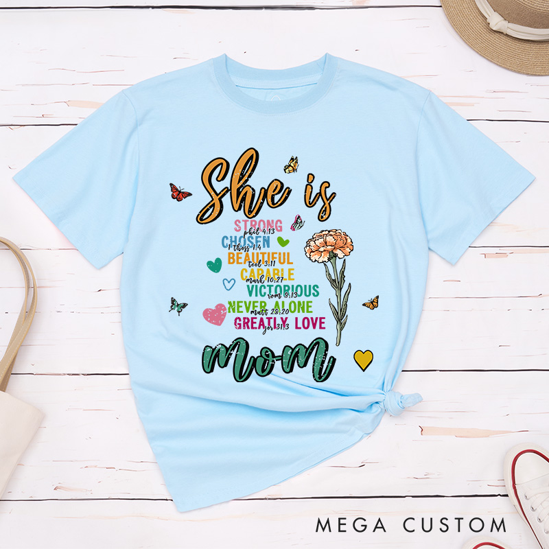 Personalized Bible Verse She Is Strong Butterfly Birth Flower Classic T-Shirt with Nickname Mother's Day Birthday Gift for Women