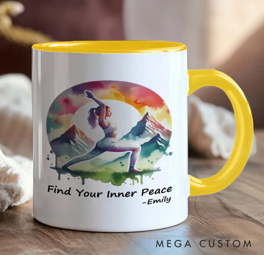Personalized Yoga Mug with Nature Scene Artistic Design Custom Name Perfect Gift for Yoga Lover