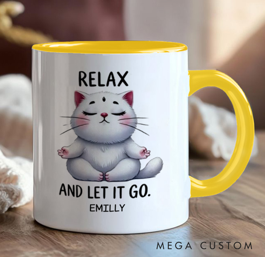 Personalized Cat Mug with Relaxing Meditation Design Custom Name Perfect Gift for Yoga Lover and Cat Lover