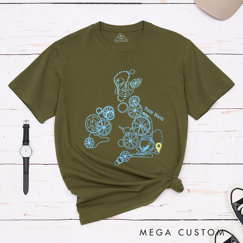 Personalized T-Shirt with Creative Bicycle Parts Design Forming a Map-Like Pattern for Outdoor Adventures Riding Cycling Biking Enthusiasts