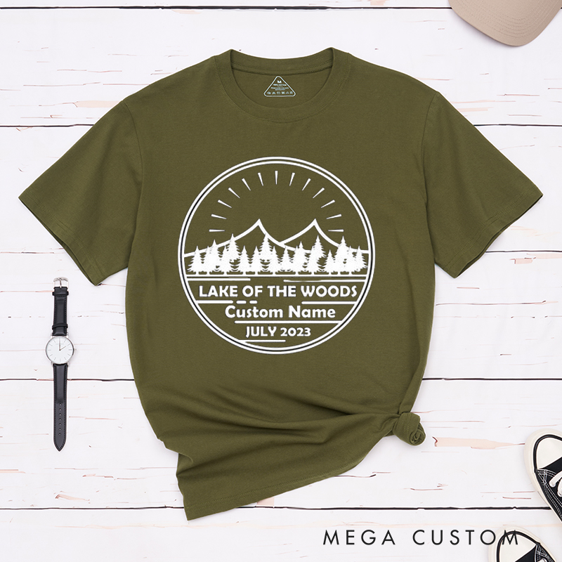 Personalized Lake of the Woods Nature-Inspired T Shirt with Custom Name Date for Outdoor Fishing Lover Great Gift for Dad Husband Grandpa Friends