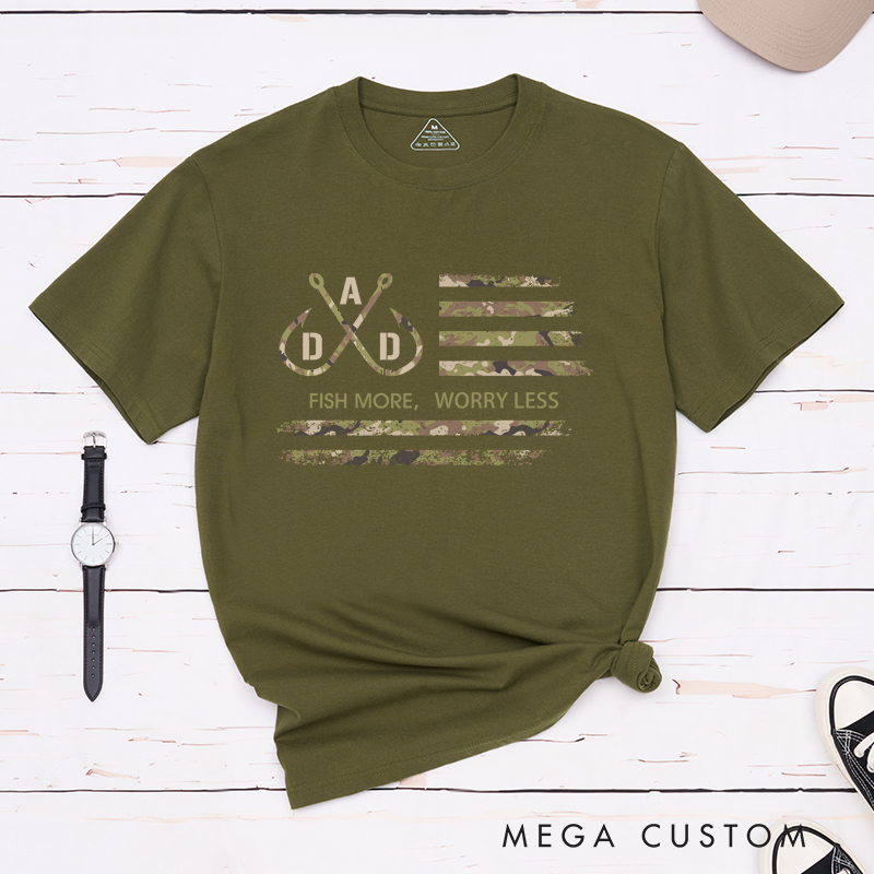Personalized Camouflage Flag Fishing Dad T Shirt Great Gift for Fishing Enthusiast