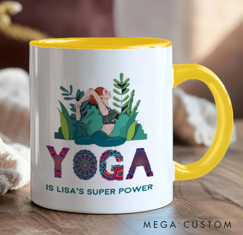 Personalized Yoga Mug with Vibrant Yoga Poses and Natural Elements Custom Name Perfect Gift for Yoga Lover