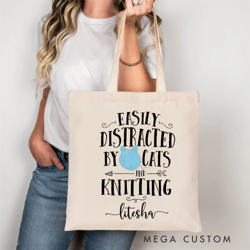 Personalized Easy Distracted By Cats And Knitting Tote Bag Gift for Cat Lovers and Knitting Enthusiasts