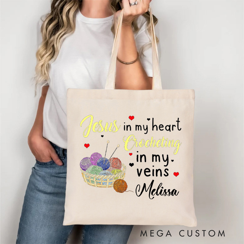 Personalized Jesus In My Heart Crocheting In My Veins Tote Bag Gift for Knitting Lovers