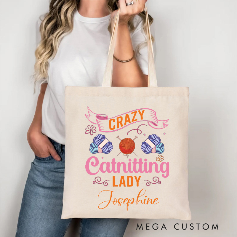 Personalized Crazy Catnitting Lady Tote Bag Crochet Yarn Lovers Gift for Knitting Enthusiasts