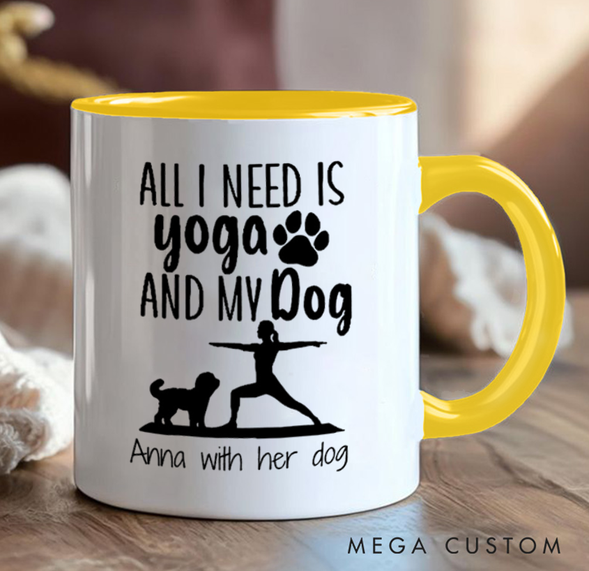 Personalized Yoga Mug with Yoga Pose Silhouettes and Cute Dog Patterns Custom Name Perfect Gift for Yoga Lover and Pet Lover
