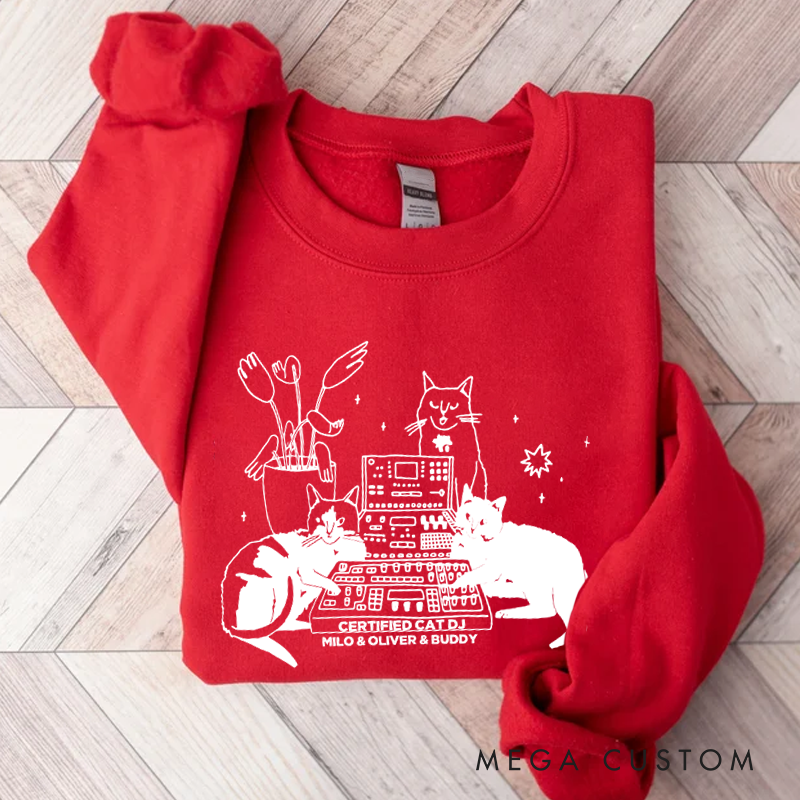Personalized Classic Sweatshirts with Cat Sitting on Synthesizer and DJ Cat Illustration and Available in Multiple Colors