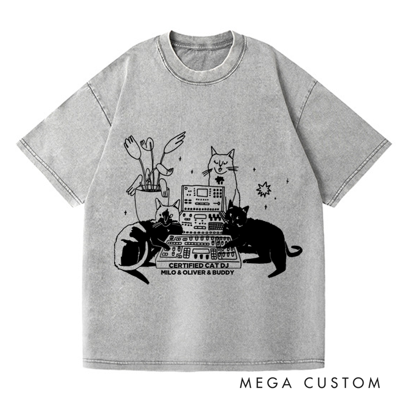 Personalized Washed T-Shirts with Cat Sitting on Synthesizer and DJ Cat Illustration and Available in Multiple Colors