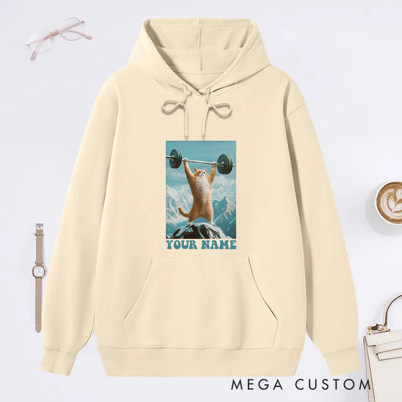 Personalized Fitness Classic Hoodies with Motivational Cat Lifting Barbell Design for Fitness Enthusiasts Bodybuilders and Gym Lovers