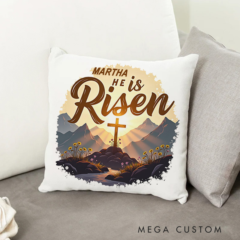 Personalized He is Risen Glory Throw Pillow Cover with Name Home Decor Radiant Resurrection Cross in Mountain Throw Pillow Christian Gift Easter Gift