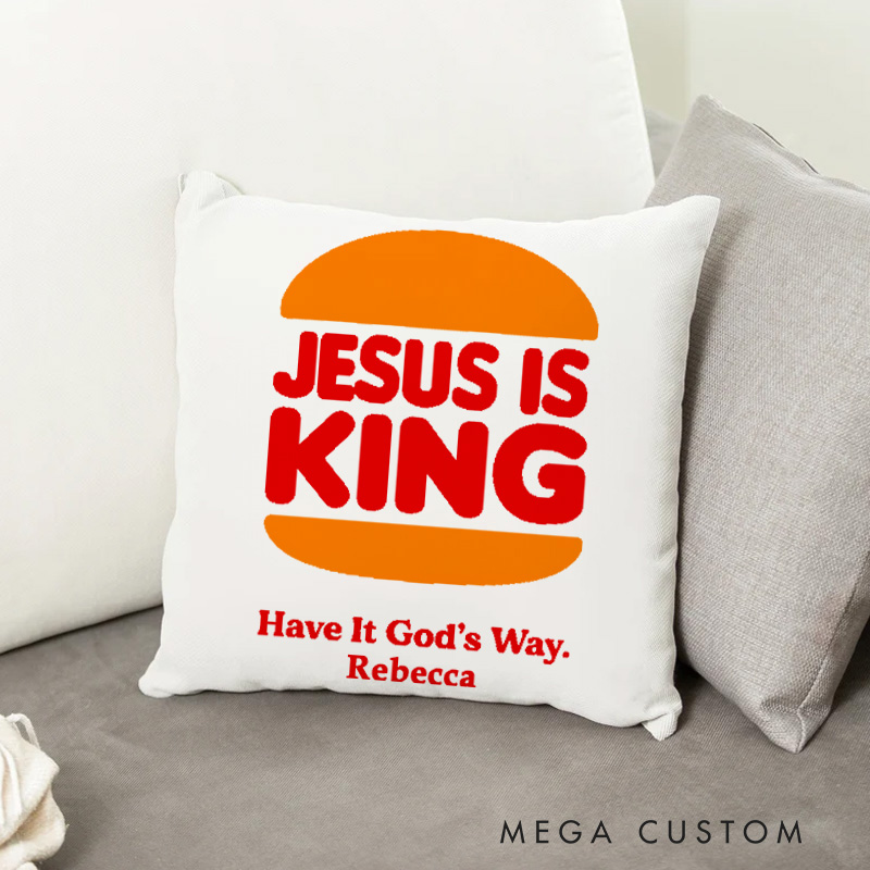 Personalized Jesus is King Throw Pillow Cover with Name Home Decor Fun Burger Jesus Throw Pillow Christian Gift for Jesus Lover Faith Gift