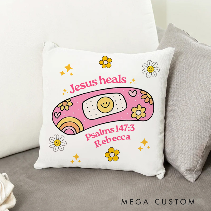 Personalized Jesus Heals Throw Pillow Cover with Name Home Decor Psalms 147:3 Cute Bandage Throw Pillow Religious Gift Christian Gift for Jesus Lover