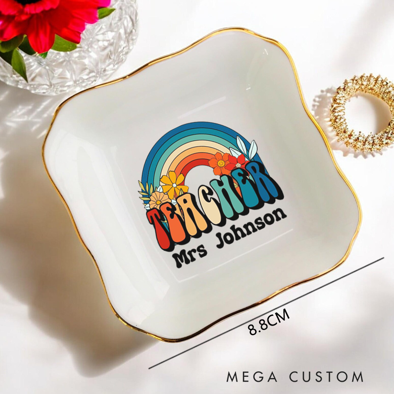 Personalized Jewelry Dish for Teacher Retro Style Rainbow Design Irregular Square Ceramic Ring Dish Teacher Appreciation Gift