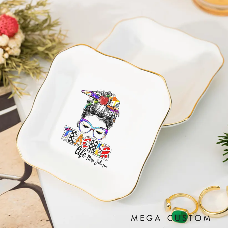 Personalized Jewelry Dish for Teacher Illustration of a teacher with Glasses Teacher Life Irregular Square Ceramic Ring Dish Teacher Gift