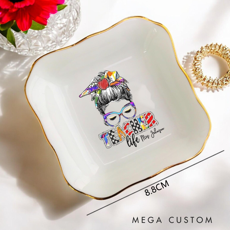 Personalized Jewelry Dish for Teacher Illustration of a teacher with Glasses Teacher Life Irregular Square Ceramic Ring Dish Teacher Gift